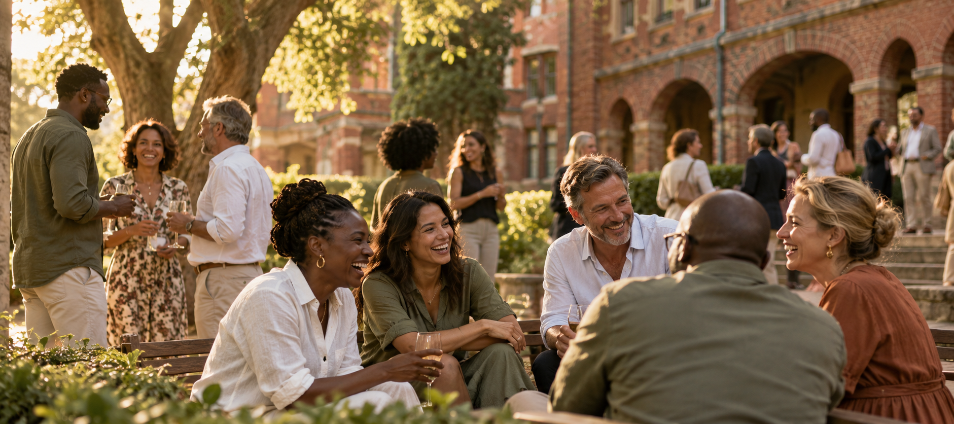 Illustrative scene of adult alumni reconnecting in a school courtyard